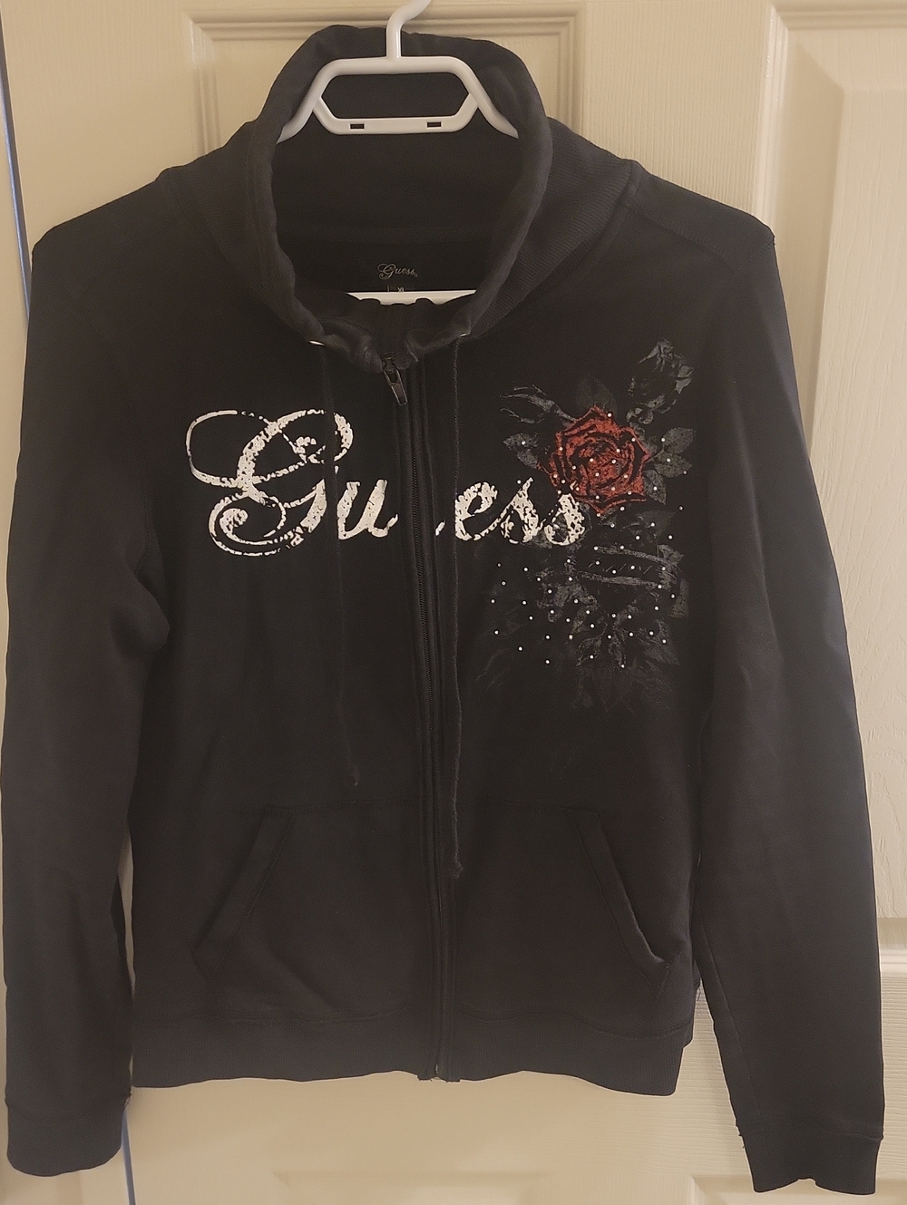 Guess Black Zip Sweater with Red Rose Embroidery